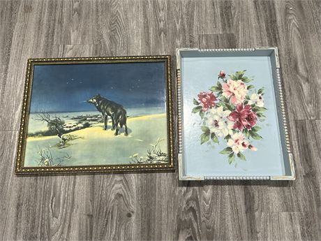 1920’s FRAMED LONE WOLF PRINT & VINTAGE FLORAL TRAY 20”x15”