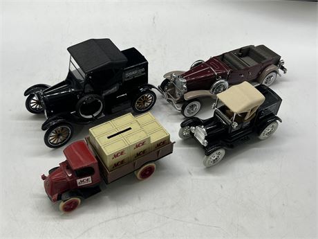 4 DIECAST CARS INCLUDING 2 COIN BANKS (Longest is 9”)