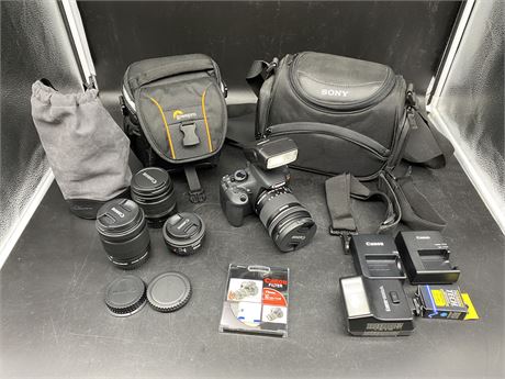 CANON EOS REBEL T5 CAMERA WITH LENSES, CAMERA BAGS, & MORE