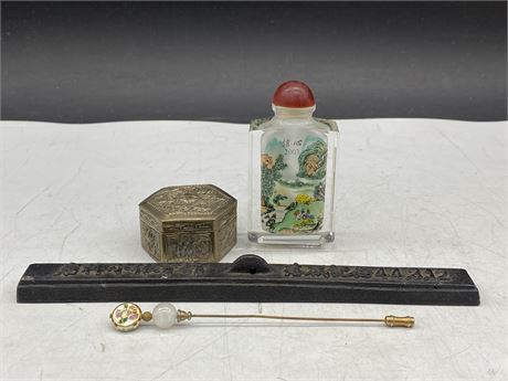 VINTAGE CHINESE PILL BOX, KIFE REST (8”), BOTTLE, & HAIR PIN
