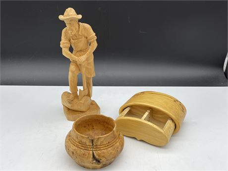3 HAND CARVED WOOD PIECES - BOX, BOWL, SIGNED FIGURE