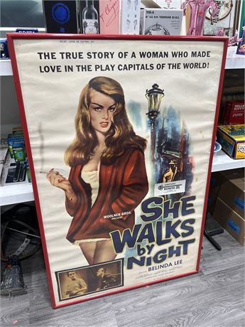 VERY LARGE 1960 “SHE WALKS BY NIGHT” FRAMED MOVIE POSTER (41”x62”)