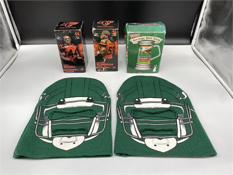 2 BC LIONS BOBBLE HEADS / 2 SASK ROUGHRIDERS TOQUES/MASKS - PILSNER STEIN