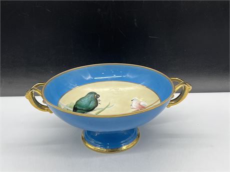 EARLY NORITAKE HAND PAINTED PARROT BOWL - 5” TALL 9” DIAMETER