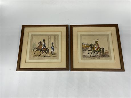 2 VINTAGE FRAMED LITHOGRAPH FRENCH GARDE IMPERIALE + TROUPES FRANCAISES (9x9”)