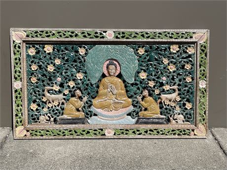 VINTAGE HAND CARVED BUDDHIST DISPLAY (42”X24”)