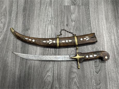ANTIQUE SWORD / DAGGER IN WOODEN SHEATH W/ MOTHER OF PEARL INLAY & BRASS ACCENTS