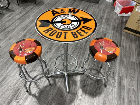 A&W DINER TABLE & 2 STOOLS (TABLE 41” TALL - STOOLS 29” TALL)
