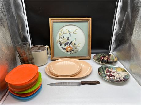 VINTAGE TUPPERWARE / KITCHEN WARE, COLLECTOR PLATES AND 3D FRAMED PHOTO