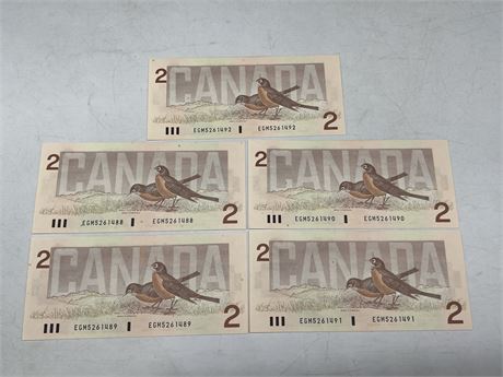 *NO TAX* (5) 1986 SEQUENCED CANADIAN $2 BILLS - NM