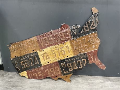 1940’S 50’S LICENCE PLATES IN SHAPE OF USA 33”x21”