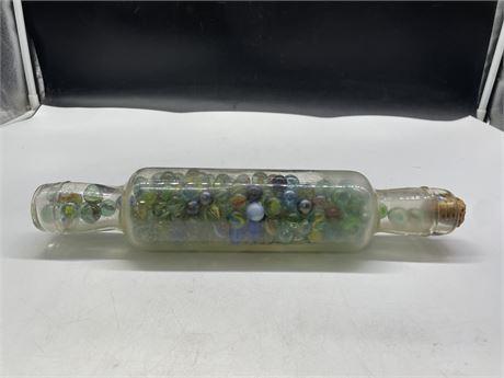 VINTAGE GLASS ROLLING PIN FILLED WITH MARBLES