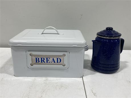 VINTAGE ENAMEL BREAD BOX (15” wide) & 8.5” GRANITEWARE PECULATOR