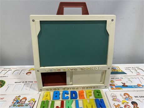 FISHER PRICE 1972 SCHOOL DAYS PORTABLE PLAYDESK WITH LETTERS, CARDS, ETC