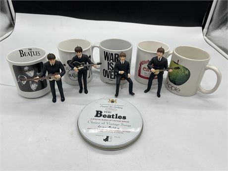 BEATLES COLLECTIBLES LOT - FIGURINES, MUGS + CD