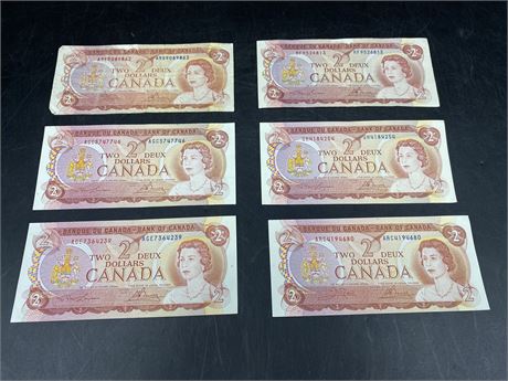 (6) 1974 CANADIAN $2 BILLS