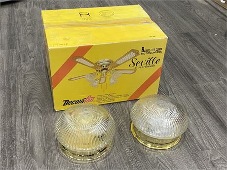 2 CRYSTAL SHADE CEILING LAMPS & NEW UNOPENED SEVILLE CEILING FAN