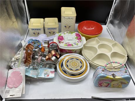 LOT OF KITCHENWARE - PLATES, FLOUR CANISTERS, ETC (Some vintage)