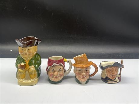 4 VINTAGE TOBY MUGS - 1 ROYAL DOULTON NUMBERED - LARGEST IS 4.5”