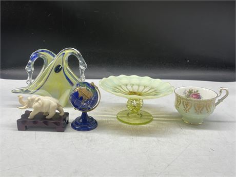LOT OF COLLECTIBLES INCLUDING FENTON BOWL, GEMSTONE GLOBE, ETC