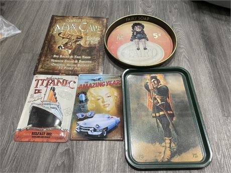 VINTAGE + COLLECTABLE TIN TRAYS + SIGNS - TITANIC, ROBIN HOOD, ETC