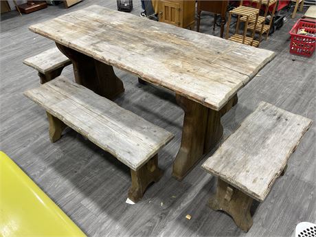 LIVE EDGE CANADIAN MADE RUSTIC TABLE W/BENCH SEATS (Table is 66”x27”x32” tall)
