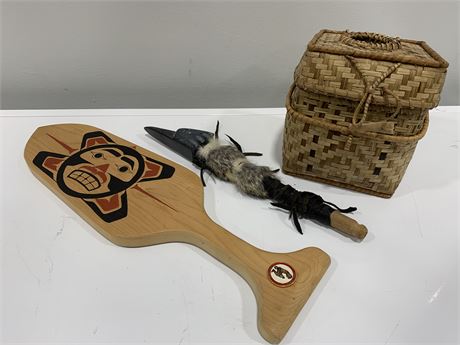 FIRST NATIONS BERRY BASKET, ARGILLITE PIPE & PADDLE