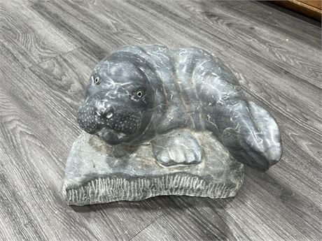 VERY HEAVY / LARGE SIGNED SOAPSTONE WALRUS SCULPTURE - NO TUSKS (14”W, 10”T)
