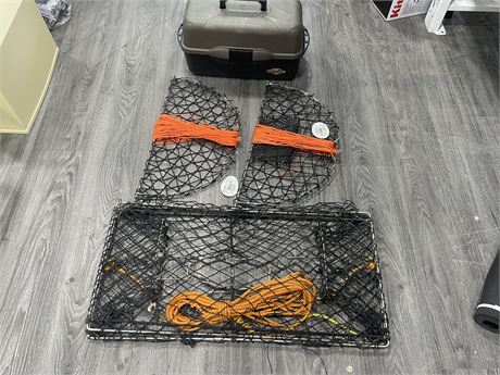 3 CRABTRAPS: 22” W/ 100FT ROPE - 2 NEW WITH TAGS & LAMBEAU TACKLE BOX