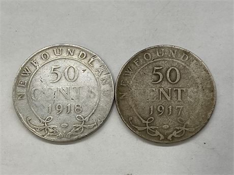 1919 + 1917 NEWFOUNDLAND SILVER 50 CENT COINS