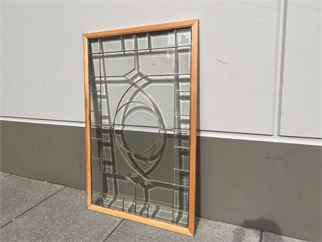 LARGE HEAVY WOOD FRAMED COPPER & GLASS WINDOW - 44”x67”