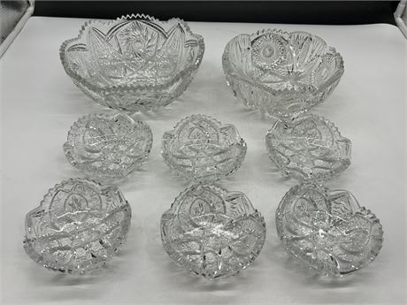 8 THICK CUT CRYSTAL GLASS BOWLS - LARGEST IS 9”