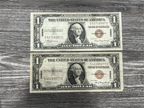 TWO US WWII $1 SILVER CERTIFICATE BANK NOTES, OVER PRINTED ‘HAWAII’