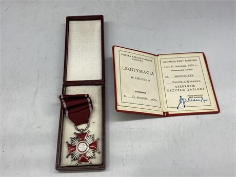 POLISH SILVER CROSS OF MERIT MEDAL W/ID BOOK DATED 1976