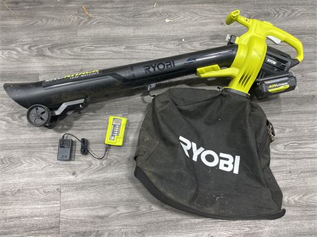 RYOBI LEAF VAC + MULCHER- HARDLY USED- COMES W/CHARGER AND BATTERY