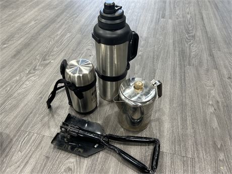 CAMPING GEAR, LARGE THERMOS, SMALL THERMOS,STAINLESS COFFEE POT & FOLDING SHOVEL