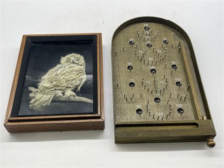 VINTAGE PAPER FEATHER WHITE OWL 3D IN SHADOW BOX AND WOOD PLINKO GAME 7X9”