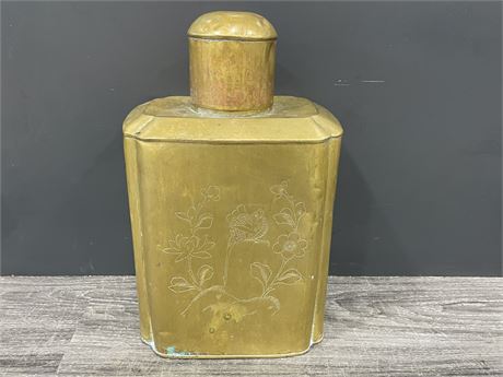 VINTAGE / ANTIQUE LARGE COPPER CANISTER W/ ETCHES - 10”x7”x15.5” TALL