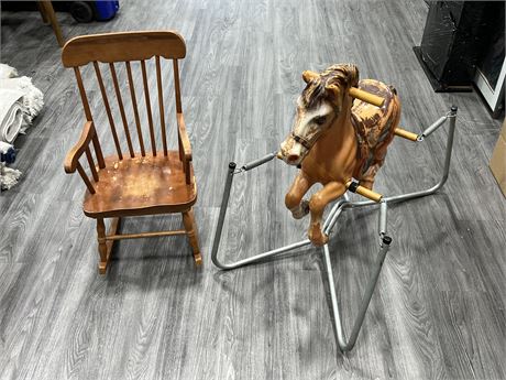 1960s CLASSIC SPRING BOUNCING HORSE & WOOD ROCKING CHAIR