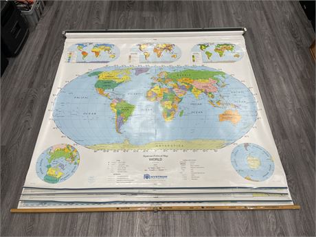 VINTAGE MULTI LAYER WORLD MAP - 65”x60” RETRACTABLE ON WOODEN DOWEL