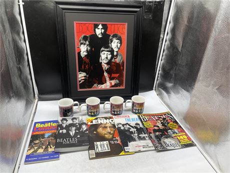 LOT OF BEATLES COLLECTABLES INCL: PICTURE (19”x34”), 4 MUGS, 3 MAGAZINES, & BOOK