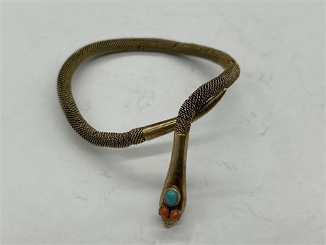 950 SILVER CHINESE SNAKE BANGLE W/CORAL STONES