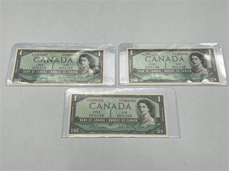 3 X $1.00 CANADIAN 1954 CONSECUTIVE BILLS MINT
