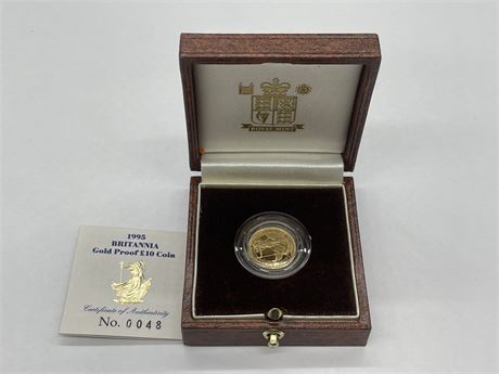1/10 OZ PURE GOLD - 1995 BRITANNIA GOLD PROOF $10 COIN W/ COA