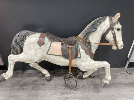 ANTIQUE HAND PAINTED CAROUSEL HORSE WITH GLASS EYES (37" LONG, 23" TALL)