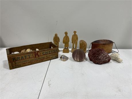 COLLECTION OF SHELLS & CORAL, ANTIQUE KRAFT CHEESE CRATE, VINTAGE HAND CARVINGS