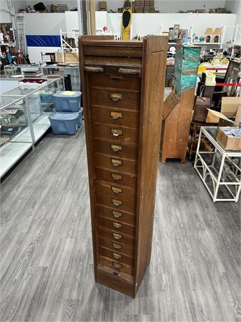 ANTIQUE OAK 15 DRAWER FILING CABINET WITH ROLL OVER COVER (73” tall)