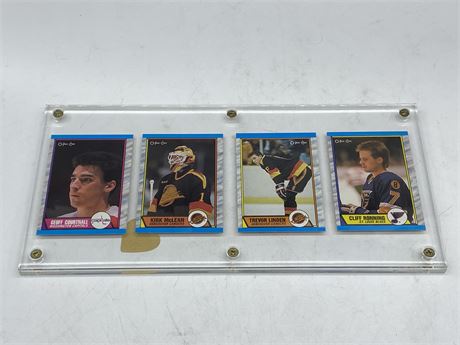 4 NHL ROOKIE CARDS IN GLASS DISPLAY - TREVOR LINDEN, KIRK MCLEAN ETC.