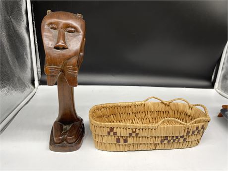 SALISH WOVEN CRADLE / BASKET 12” & EARLY CARVED WOODEN FIGURE 12”