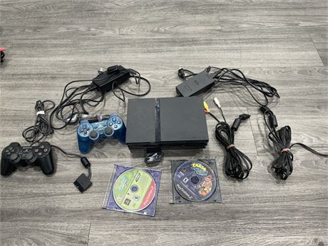 3 PS2 CONSOLES 2 ARE COMPLETE W/ GAMES, CORDS, & CONTROLLERS (UNTESTED)